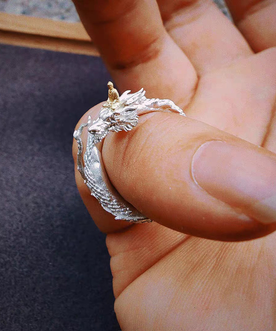 Unique Silk Panlong Meets Buddha Design Silver Rings – SooLinen