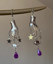 Unique Silk Stainless Steel Crystal Five-Pointed Star Palm Drop Earrings