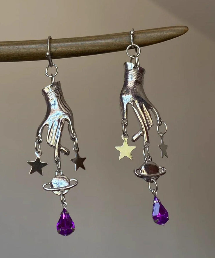Unique Silk Stainless Steel Crystal Five-Pointed Star Palm Drop Earrings