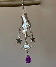 Unique Silk Stainless Steel Crystal Five-Pointed Star Palm Drop Earrings