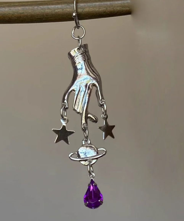 Unique Silk Stainless Steel Crystal Five-Pointed Star Palm Drop Earrings