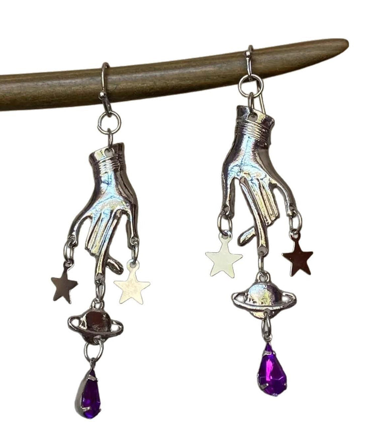 Unique Silk Stainless Steel Crystal Five-Pointed Star Palm Drop Earrings