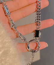 Unique Silk Sterling Silver Obsidian Asymmetrical Patchwork Lariat Necklace