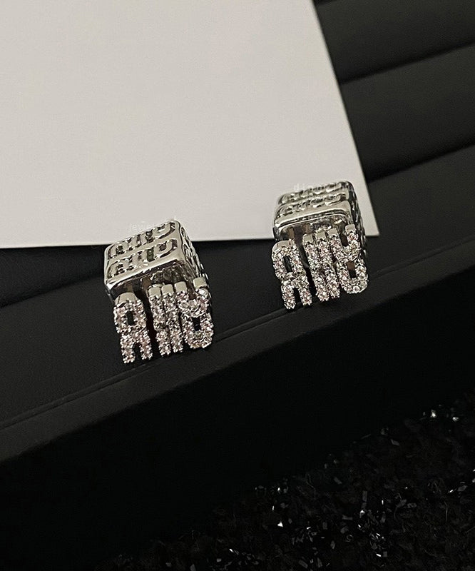 Unique Silk Sterling Silver Zircon Graphic Stud Earrings