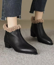 Unique Splicing Chunky Boots Black Sheepskin Fuzzy Wool Lined