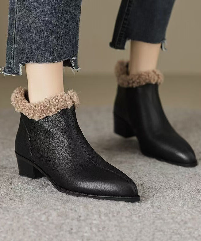 Unique Splicing Chunky Boots Black Sheepskin Fuzzy Wool Lined
