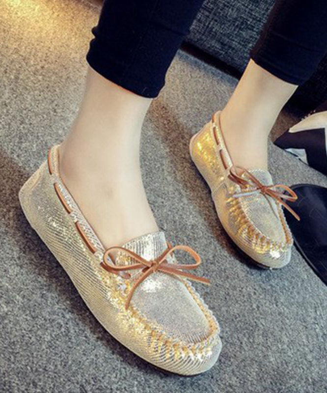 Unique Splicing Flat Shoes Silver Sequins Bow Faux Leather