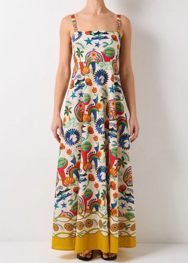 Unique Square Collar Print Cotton Spaghetti Strap Dress Summer