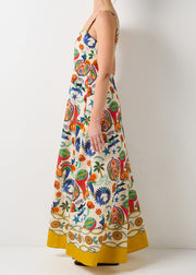 Unique Square Collar Print Cotton Spaghetti Strap Dress Summer