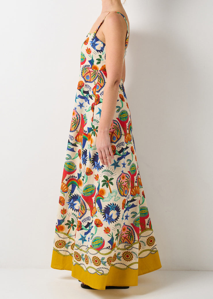 Unique Square Collar Print Cotton Spaghetti Strap Dress Summer