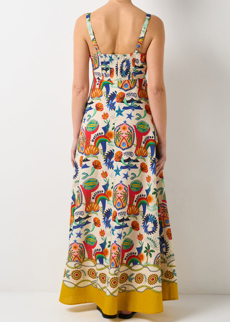 Unique Square Collar Print Cotton Spaghetti Strap Dress Summer