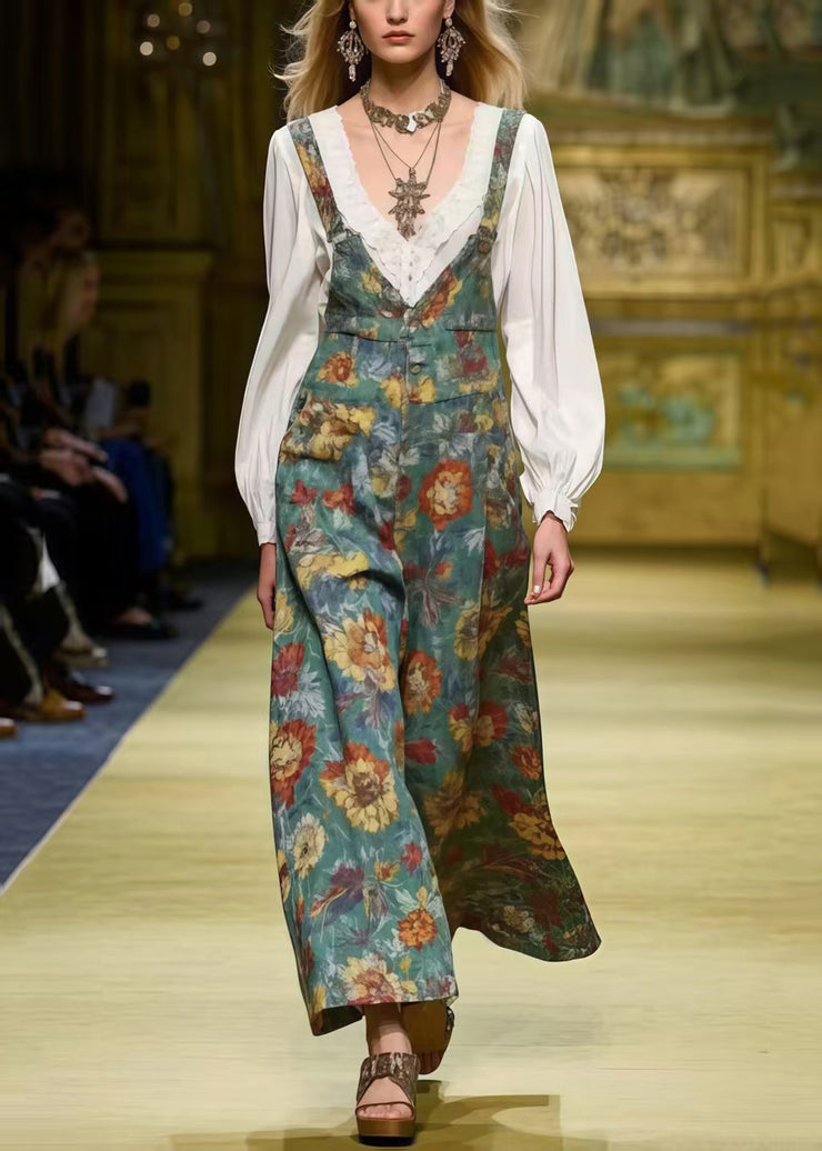 Unique Tea Green Oversized Floral Print Cotton Jumpsuit Spring