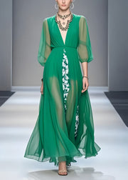 Unique Tea Green V Neck Patchwork Chiffon Dress Bracelet Sleeve