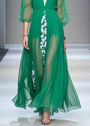 Unique Tea Green V Neck Patchwork Chiffon Dress Bracelet Sleeve