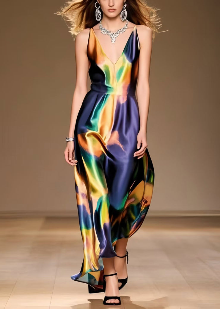 Unique Tie Dye Draping Silk Spaghetti Strap Dress Summer