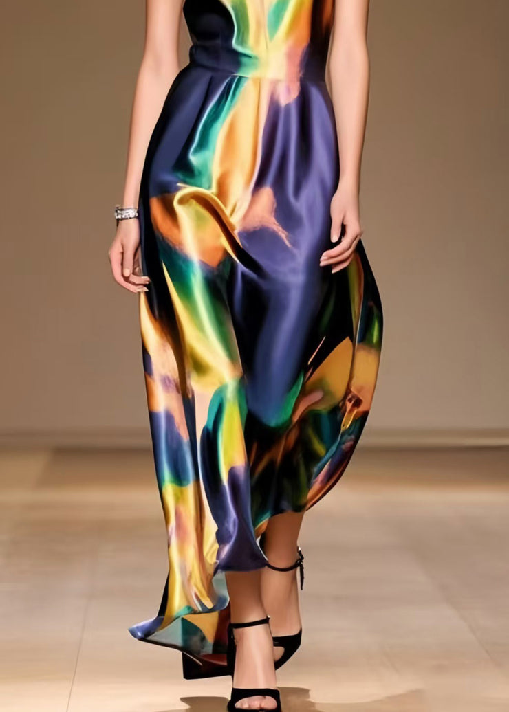 Unique Tie Dye Draping Silk Spaghetti Strap Dress Summer