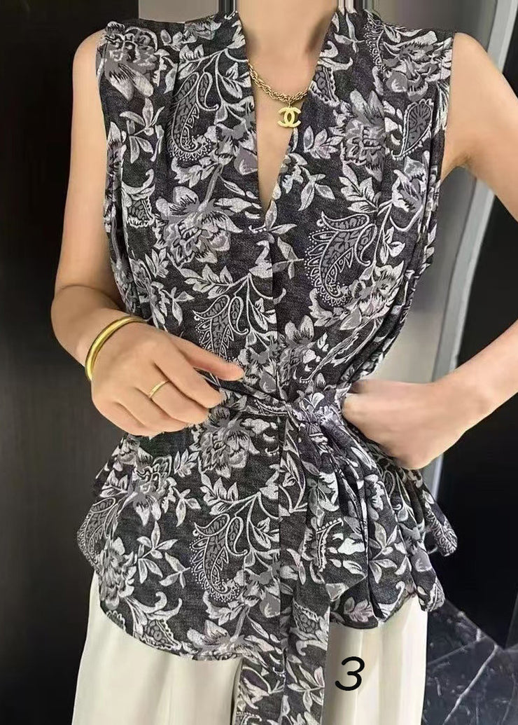Unique Tie Waist Print Spandex Vest Sleeveless