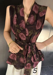 Unique Tie Waist Print Spandex Vest Sleeveless