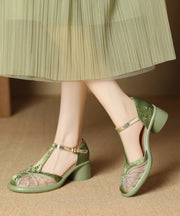 Unique Tulle Splicing Chunky Sandals Coffee Cowhide Leather