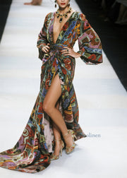 Unique V Neck Asymmetrical Design Print Cotton Maxi Dresses Fall