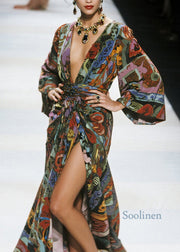 Unique V Neck Asymmetrical Design Print Cotton Maxi Dresses Fall