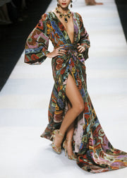 Unique V Neck Asymmetrical Design Print Cotton Maxi Dresses Fall