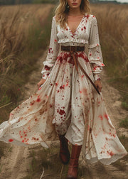 Unique V Neck Ruffled Print Patchwork Cotton Dresses Long Sleeve