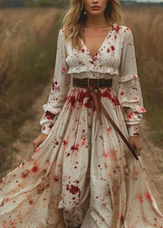 Unique V Neck Ruffled Print Patchwork Cotton Dresses Long Sleeve