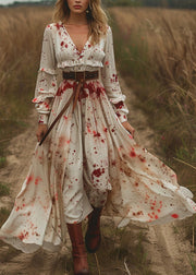 Unique V Neck Ruffled Print Patchwork Cotton Dresses Long Sleeve