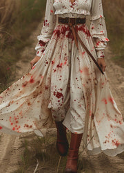 Unique V Neck Ruffled Print Patchwork Cotton Dresses Long Sleeve