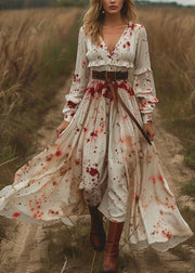 Unique V Neck Ruffled Print Patchwork Cotton Dresses Long Sleeve