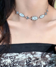 Unique White Alloy Zircon Drip Glaze Butterfly Collar Necklace