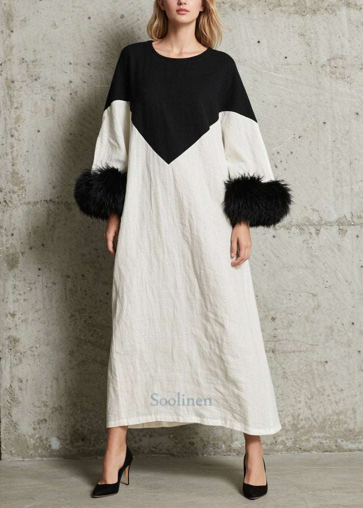 Unique White Black Patchwork Faux Fur Cotton A Line Dress Fall