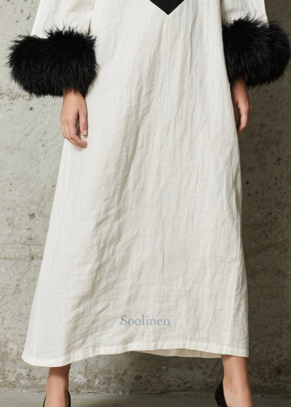Unique White Black Patchwork Faux Fur Cotton A Line Dress Fall