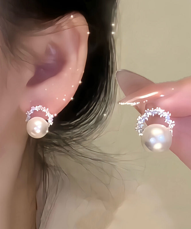 Unique White Copper Zircon Pearl Hoop Earrings