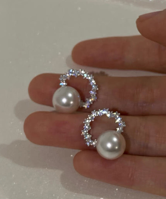 Unique White Copper Zircon Pearl Hoop Earrings