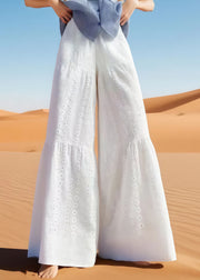 Unique White Embroidered Hollow Out Cotton Wide Leg Pants Summer
