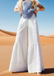 Unique White Embroidered Hollow Out Cotton Wide Leg Pants Summer