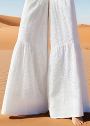Unique White Embroidered Hollow Out Cotton Wide Leg Pants Summer