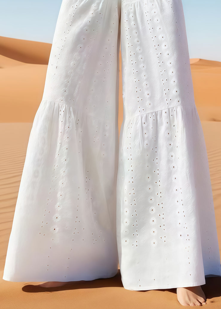 Unique White Embroidered Hollow Out Cotton Wide Leg Pants Summer