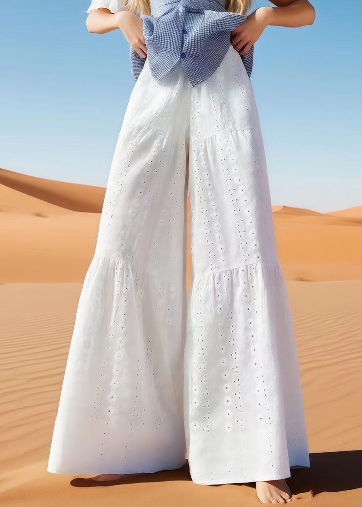 Unique White Embroidered Hollow Out Cotton Wide Leg Pants Summer