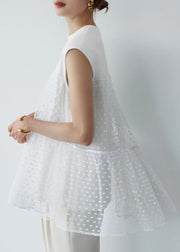 Unique White Embroideried Patchwork Tulle Tops Sleeveless
