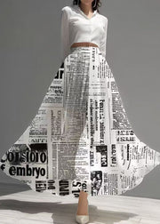 Unique White Newspapers Print Draping Chiffon Skirts Summer
