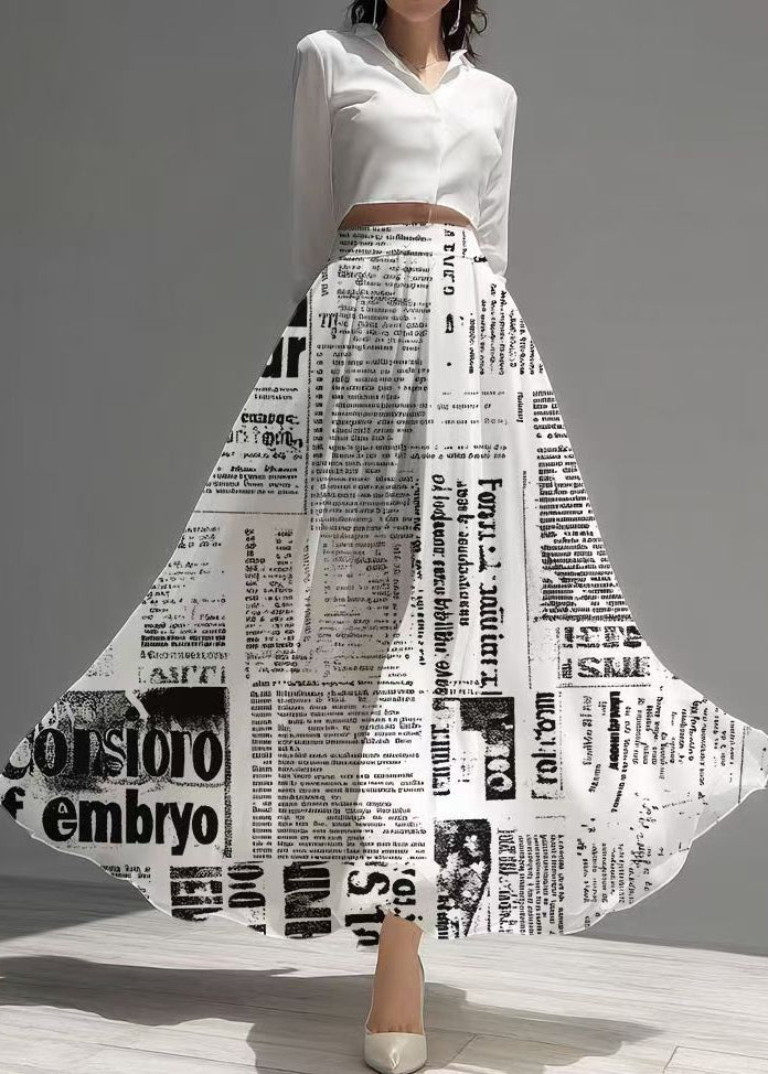 Unique White Newspapers Print Draping Chiffon Skirts Summer