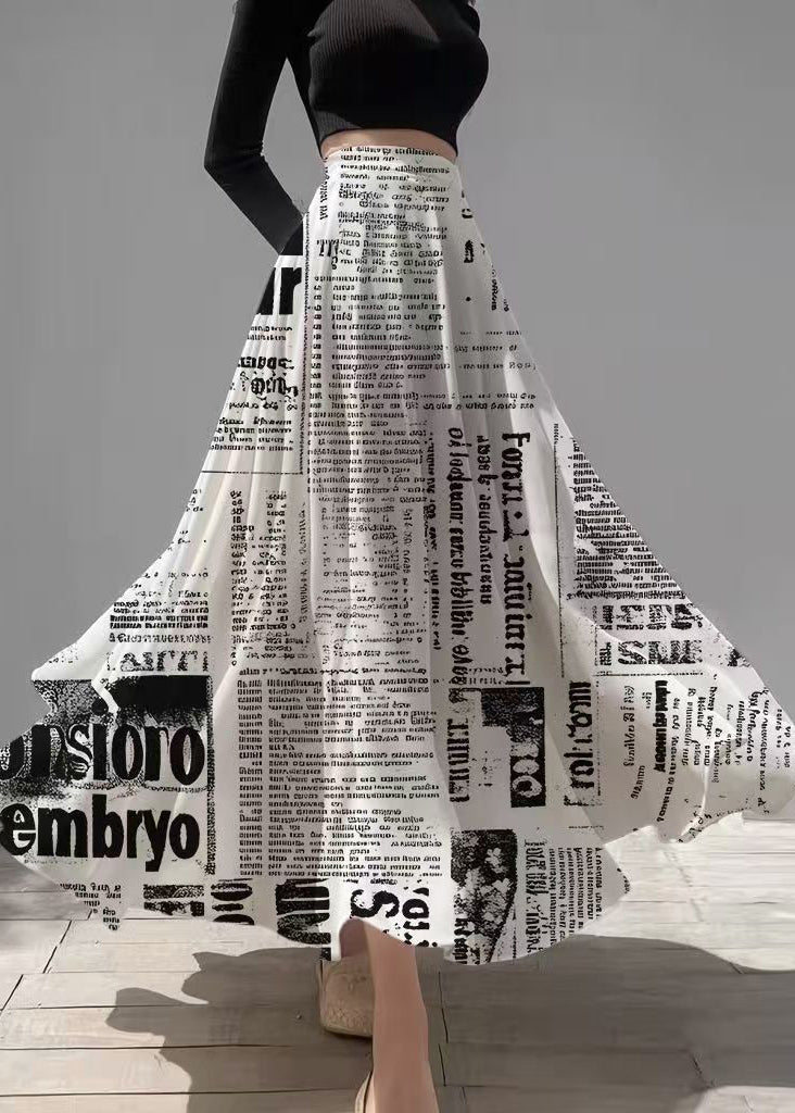 Unique White Newspapers Print Draping Chiffon Skirts Summer