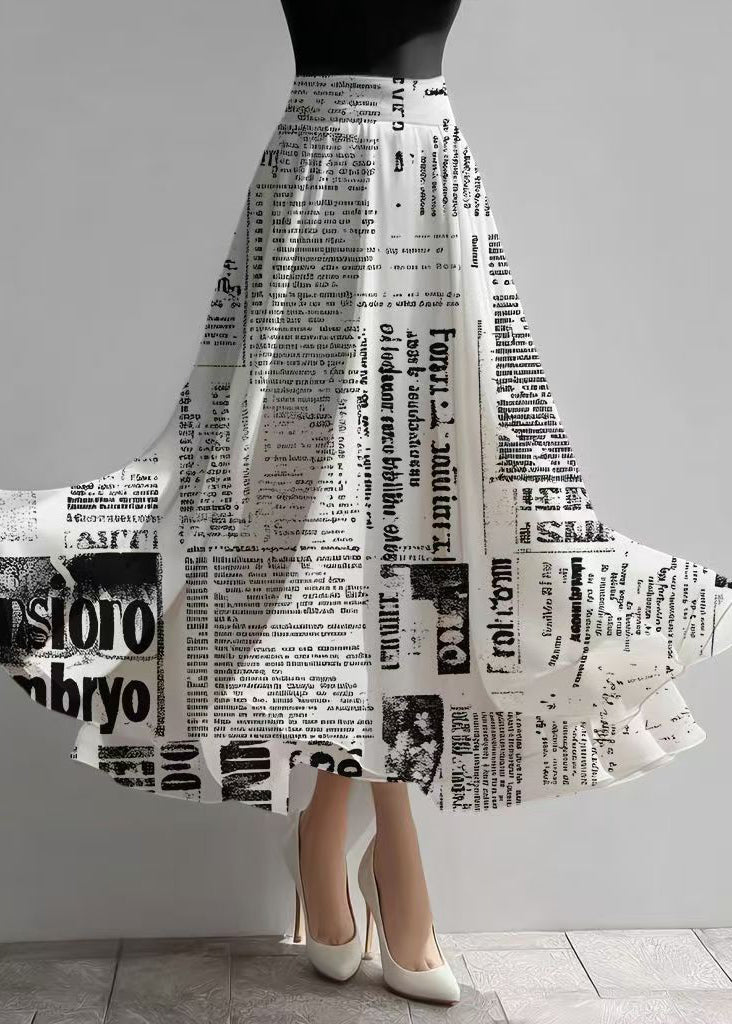 Unique White Newspapers Print Draping Chiffon Skirts Summer