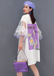 Unique White O-Neck Tulle Original Print Patchwork Mid Dress Flare Sleeve
