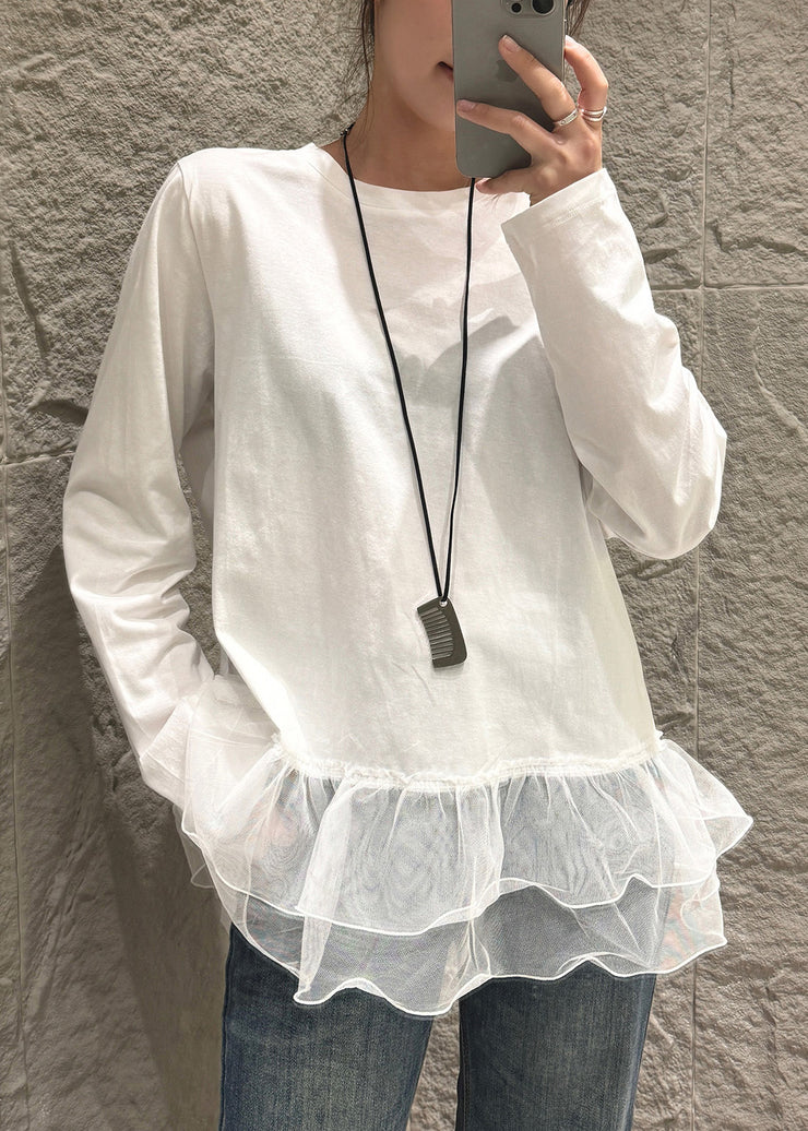 Unique White Oversized Patchwork Tulle Shirt Fall