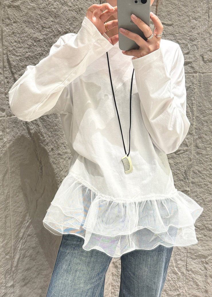 Unique White Oversized Patchwork Tulle Shirt Fall