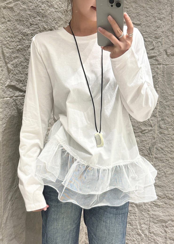 Unique White Oversized Patchwork Tulle Shirt Fall